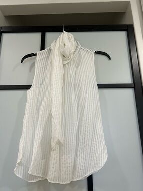 Zara White Sleeveless Tie-Neck Striped Blouse